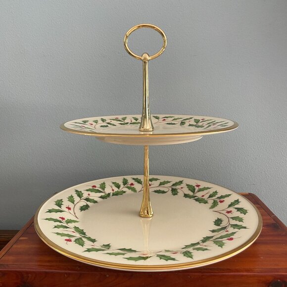 Vintage Lenox Holiday Terrace Server 2 Tier Christmas Serve Tray Plate Box - Picture 1 of 10